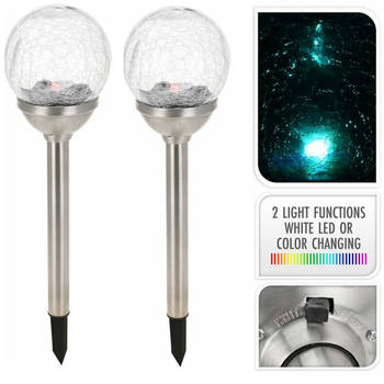 2 Stuks - Solarlamp Prik Led Lamp Wit of Multikleur Met Glazen Bol - Tuinverlichting - 44 x 11 x 10 cm