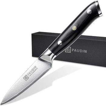 Paudin C7 Professioneel Groentemes 9 cm - Japans mes - Schilmes - Echt Damascus Mes - Zwart Ergonomisch Handvat