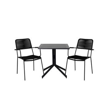 Way tuinmeubelset tafel 70x70cm en 2 stoel armleuning Lindos zwart.