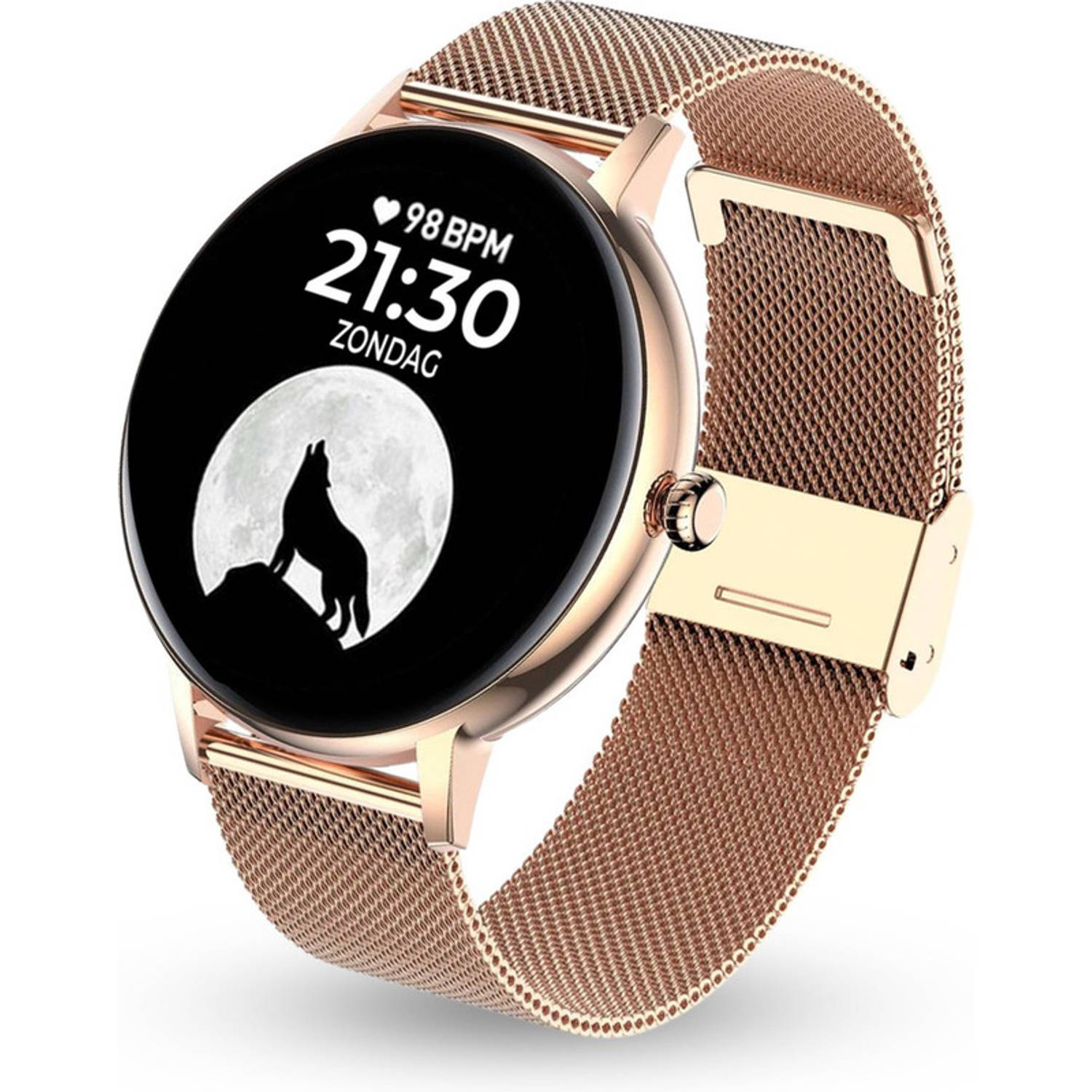 AyeWay Smartwatch - Waterdicht & Touchscreen - Rond Stalen Band - 70 Sportmodes - Met App - Smartwatch Heren & Dames - Roze