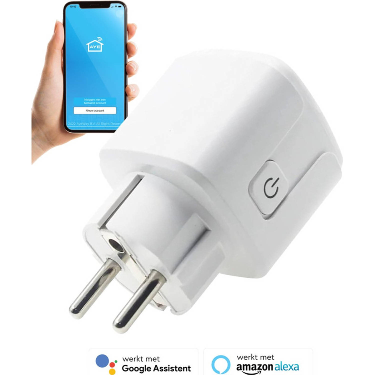 AyeWay Slimme Stekker met Energiemeter - Smart Plug - WiFi Stopcontact - Werkt met Google Home & Alexa - iOS & Android - 1 Stuk