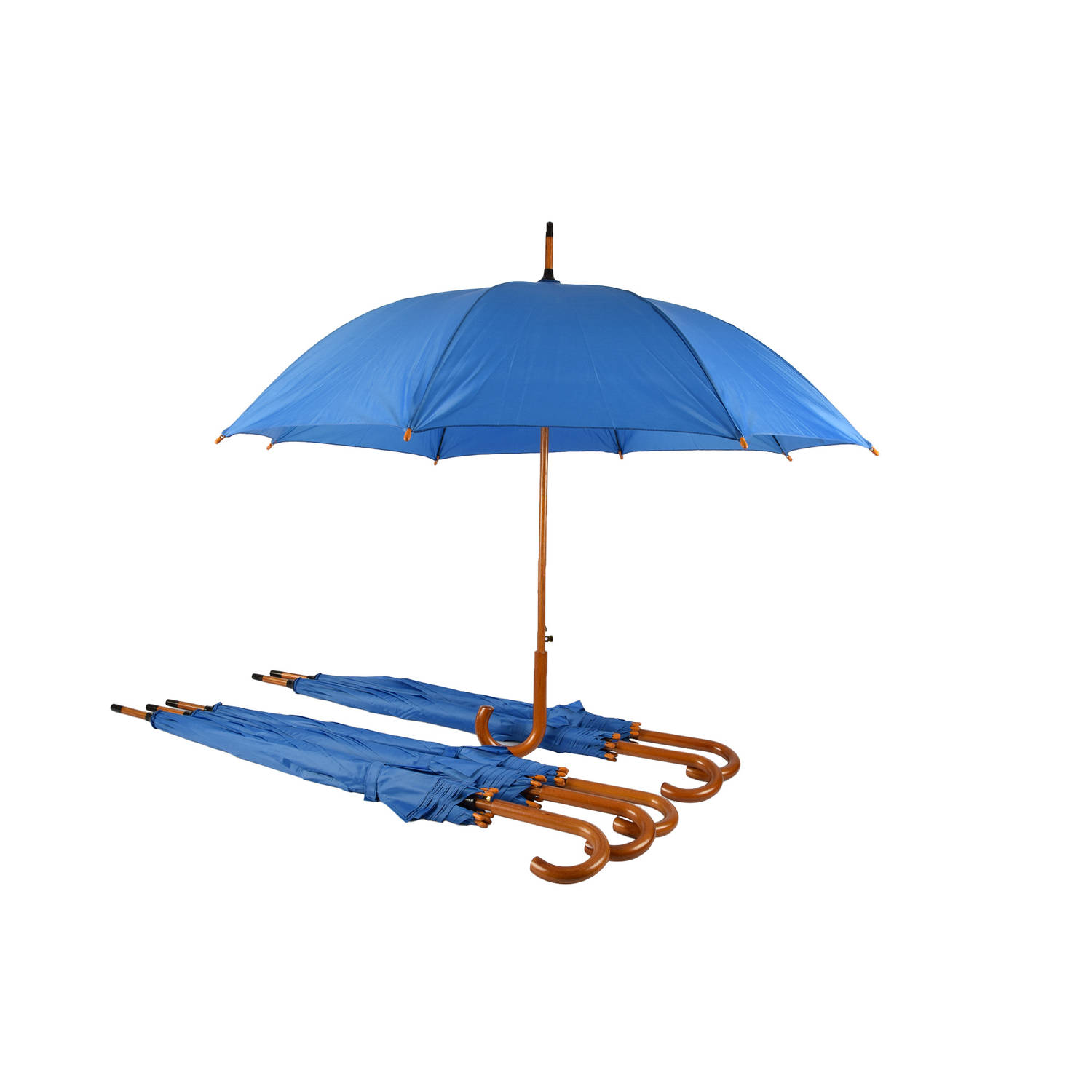 Set van 6 Automatische Volwassen Paraplu's - 102 cm Diameter - Blauw | Houten Look Handvat | Windproof