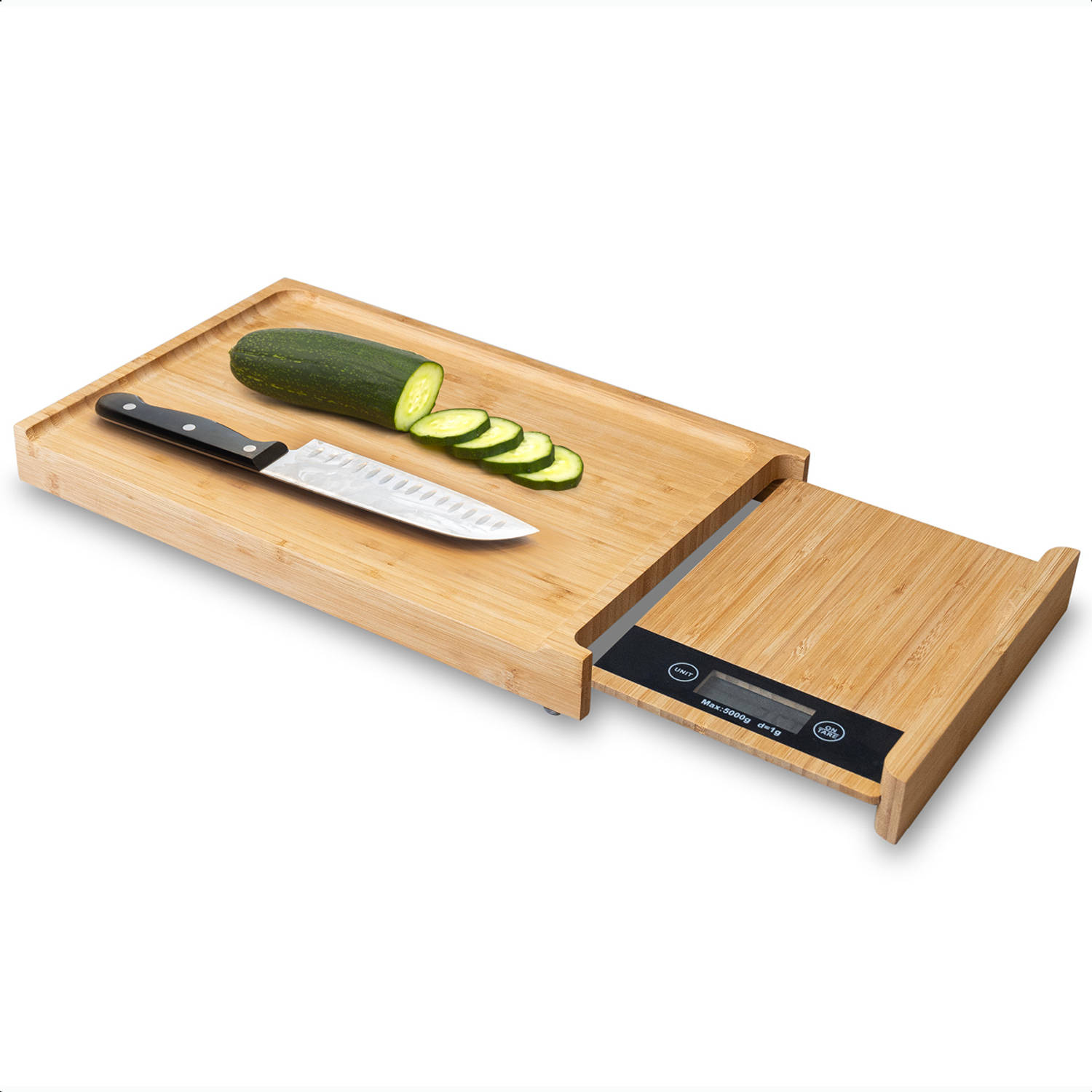 Goliving Snijplank met Uitschuifbare Weegschaal - Digitale Keukenweegschaal tot 5 kg - Anti Slip Voetjes - Opstaande Rand - 40 tot 56 cm - Hout - Bamboo
