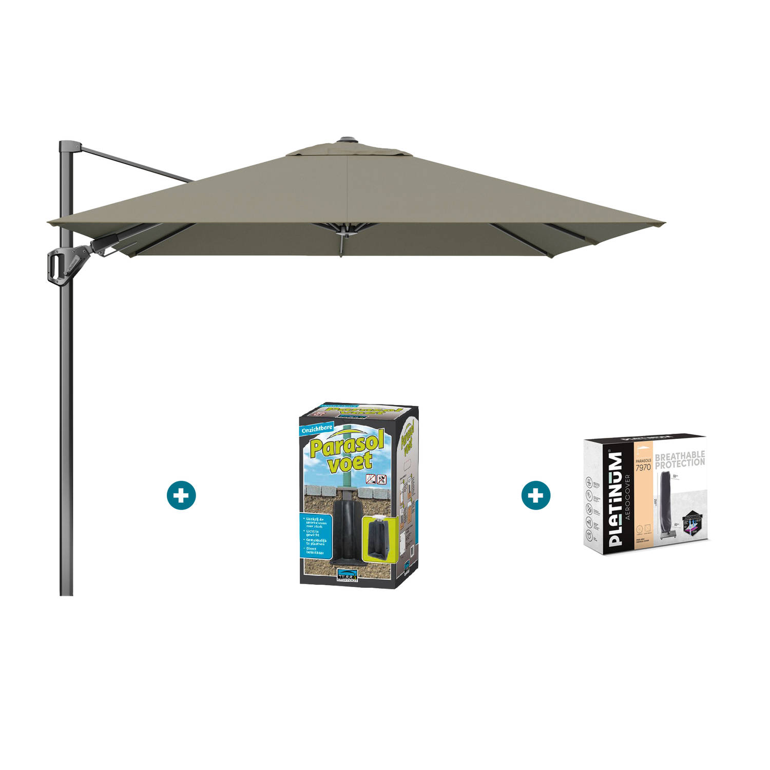 Platinum Voyager zweefparasol T2 2,7x2,7 - Taupe met ingraafvoet en hoes