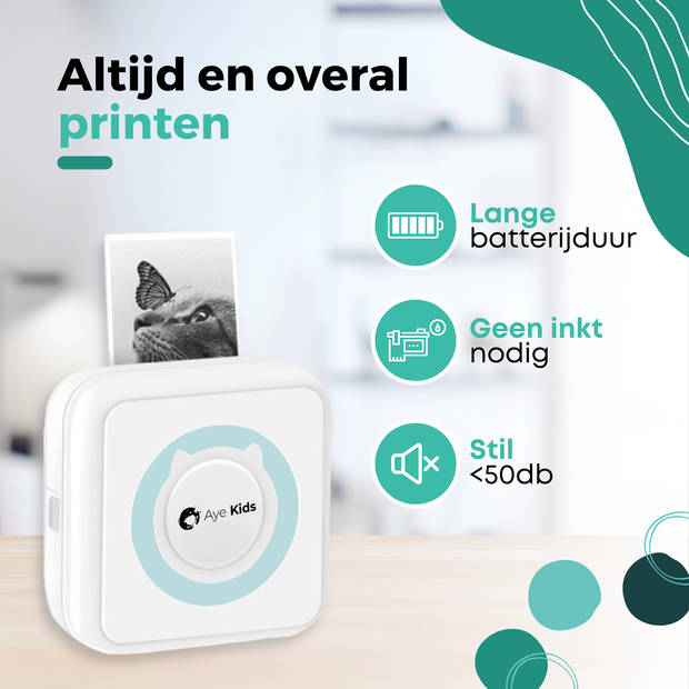 AyeKids Foto Printer - Bluetooth - Draadloos - Incl. 1 Rol Fotopapier - Mini Printer/Pocket Printer