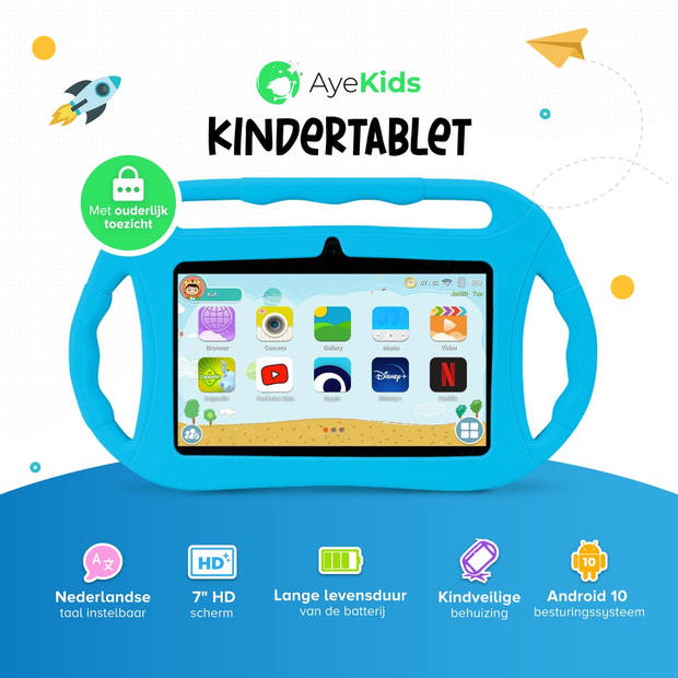 AyeKids Kinder tablet 32GB Opslag Ouder Control App - Touchscreen Pen/hoes/Oortjes & Screenprotector