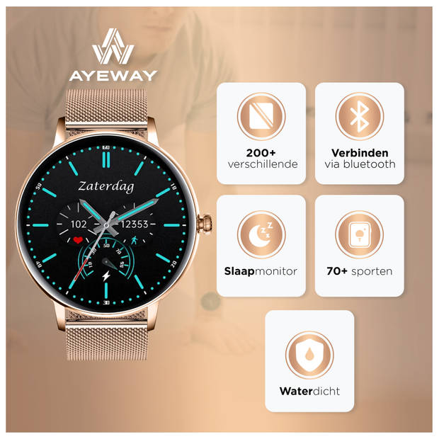 AyeWay Smartwatch voor heren en dames - Rond Stalen Band - Waterdicht en touchscreen - 70 sportmodi