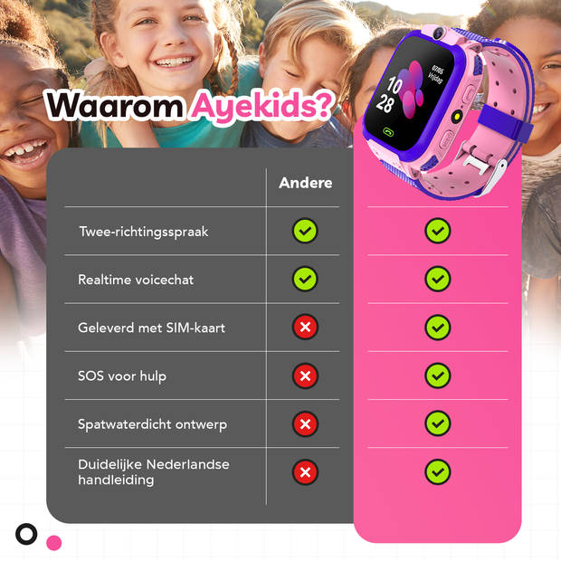 AyeKids Kinder Smartwatch - Bel Functie – SOS Knop – Incl. Simkaart