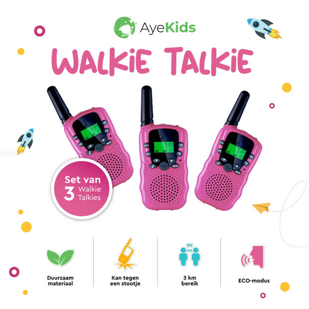 AyeKids Walkie Talkie voor Kinderen – Set van 3 - 3 KM Bereik - 22 Kanalen & 99 Sub Kanalen