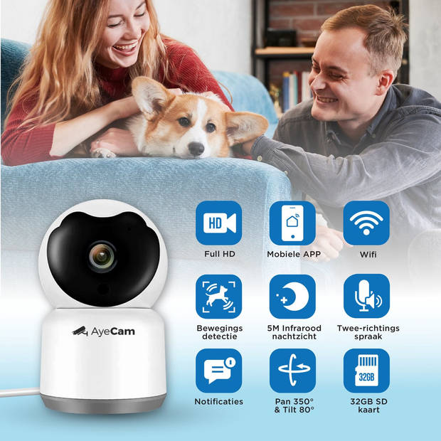 AyeCam Huisdiercamera - Met App - Incl. 32GB SD - WiFi - Beweeg & Geluidsdetectie Beveiligingscamera