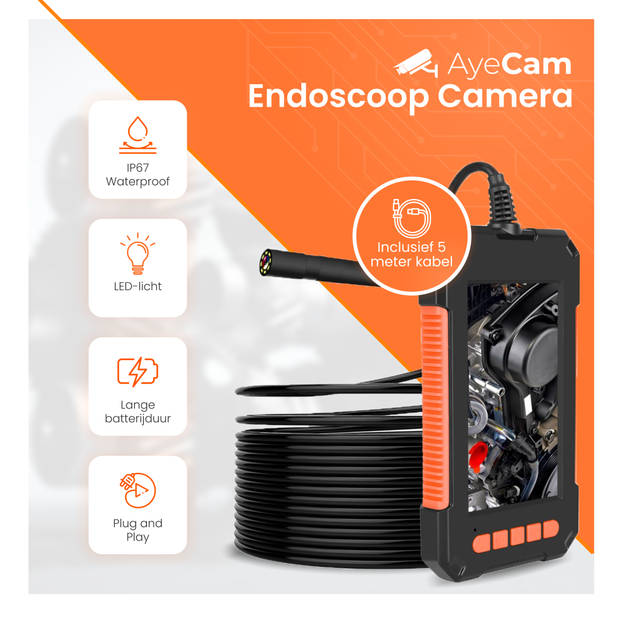 AyeCam Endoscoop – Inspectiecamera – IP67 Waterdicht – Met LED verlichting & Scherm – 5 Meter Kabel