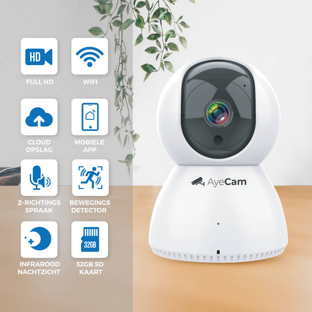 AyeCam Beveiligingscamera – Met App - WiFi - Bewegingssensor - Incl. 32GB SD - Huisdiercamera
