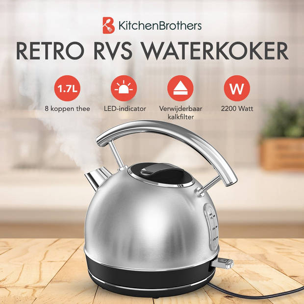 KitchenBrothers Waterkoker Retro - 1,7L - Vintage - 2200W - RVS - Zilver