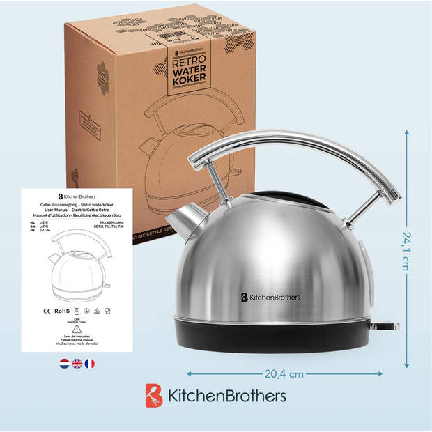 KitchenBrothers Waterkoker Retro - 1,7L - Vintage - 2200W - RVS - Zilver