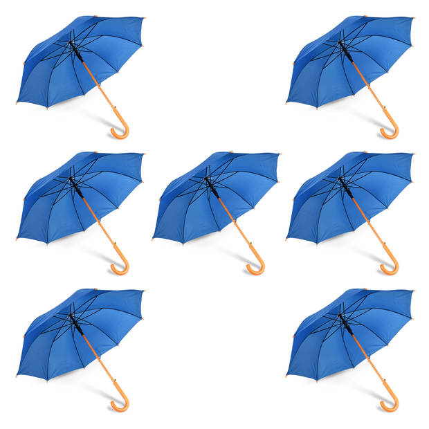 Seven Durable Automatic Umbrellas - Navy Blue - Wooden Stick and Handle - Polyester and Aluminum - Dimensions: 89x98cm