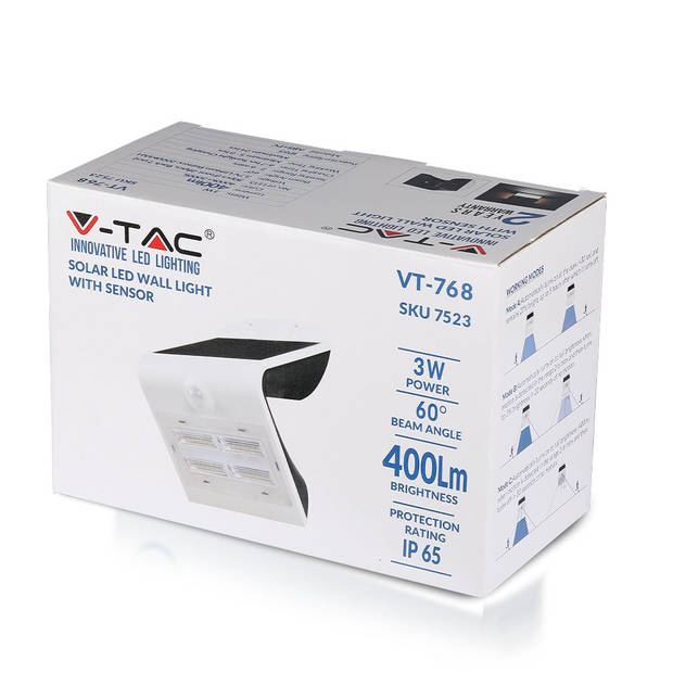 V-TAC VT-768 wandlamp op zonne-energie - IP65 - Wit - 3W - 400 Lumen - 4000K+3000K