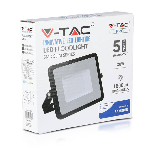 V-TAC VT-20-B Zwarte LED schijnwerpers - Samsung - IP65 - 20W - 1600 Lumen - 6400K - 5 Jaar