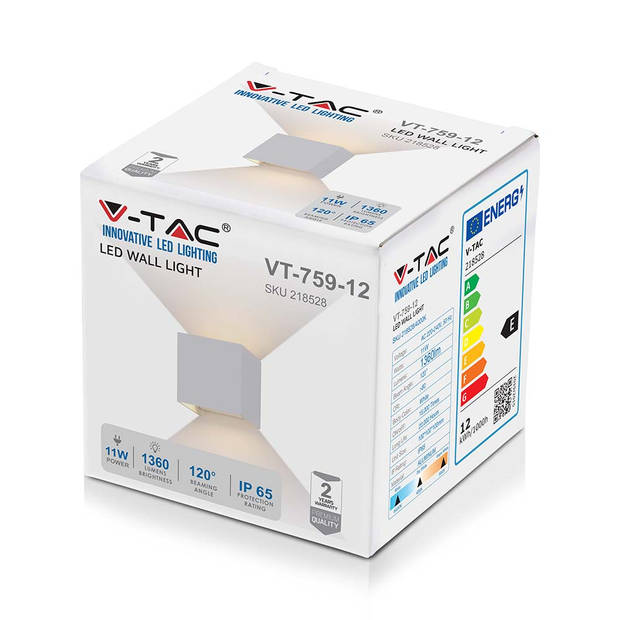 V-TAC VT-759-12-W-N Vierkante LED Wandlamp - Bridgelux - IP65 - Wit - 11W - 1360 Lumen - 4000K
