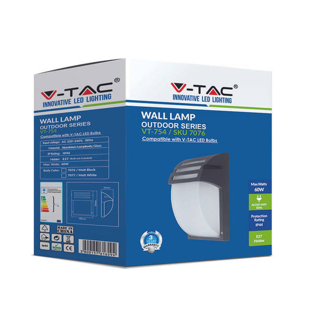 V-TAC VT-754-MB E27 Buitenverlichting - Wandlamp - IP44 - Mat Zwart