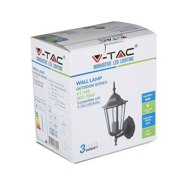 V-TAC VT-749-B E27 Buitenverlichting - wandlamp - Omhoog - IP44 - Mat Zwart