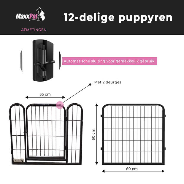MaxxPet Puppyren - Hondenbench - Hondenren- Puppyren met 12 kennelpanelen - Staal -60 x 60 cm