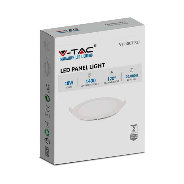 V-TAC VT-1807-N Ronde LED Mini-panelen - Premium Serie - IP20 - Wit - 18W - 1400 Lumen - 2700K