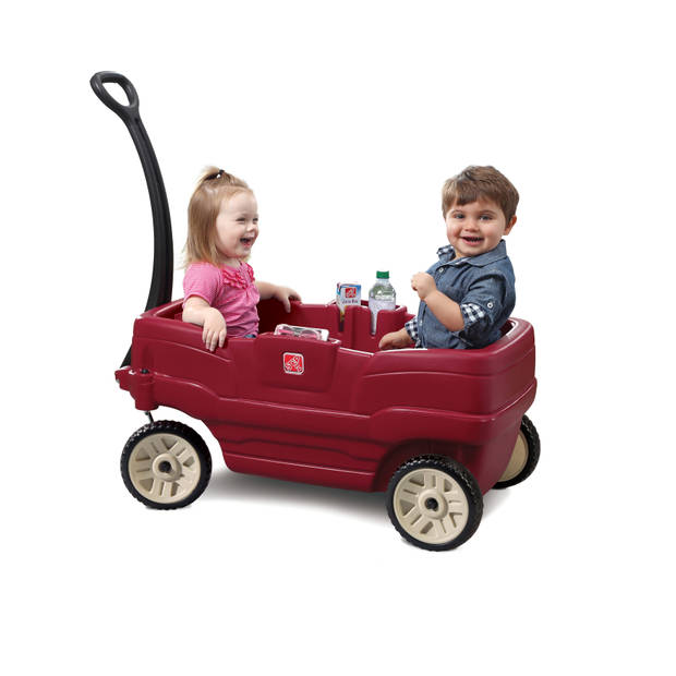 Step2 Neighborhood Wagon bolderwagen met 2 zitjes met gordels Kunststof bolderkar in rood met duwstang