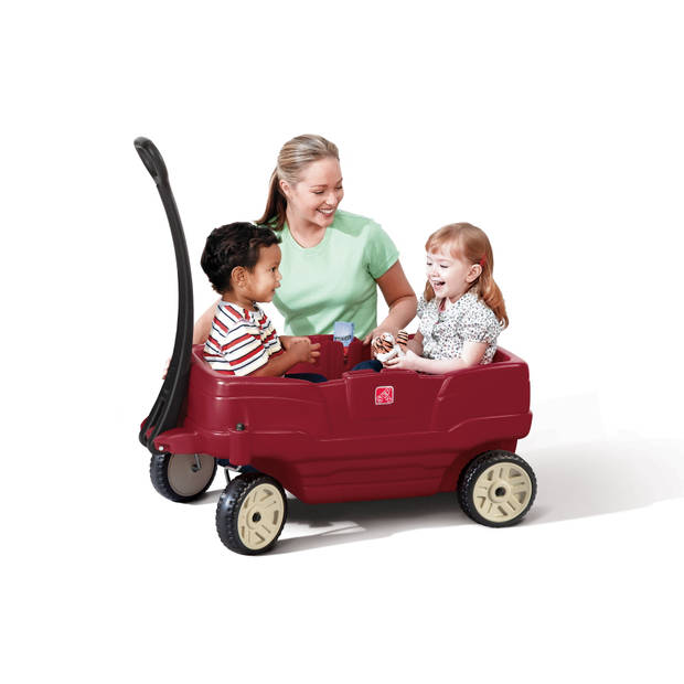 Step2 Neighborhood Wagon bolderwagen met 2 zitjes met gordels Kunststof bolderkar in rood met duwstang