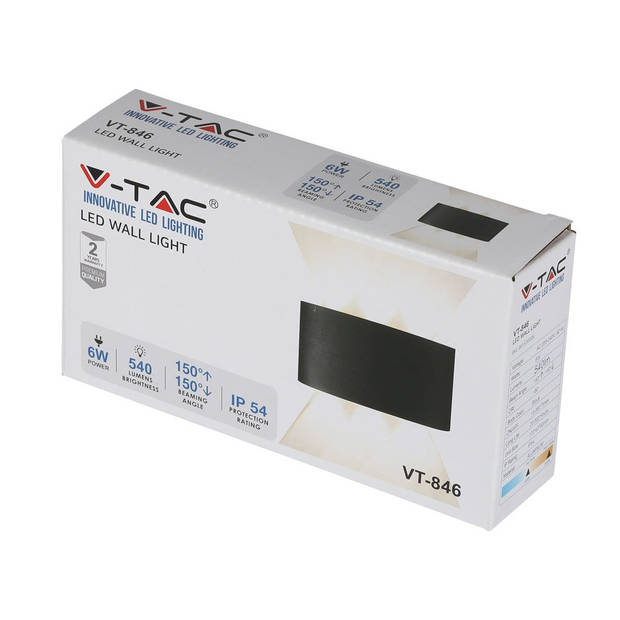 V-TAC VT-846-B Zwarte LED wandlamp - Semi - Ovaal - Bridgelux - IP54 - 6W - 540 Lumen - 3000K