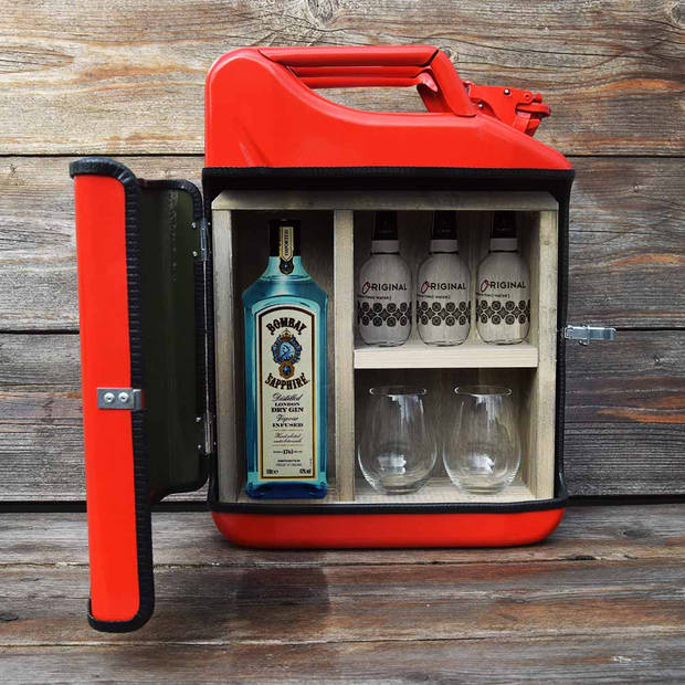 Jerrycan Gin Bar - Draagbare Rode Bar Cabinet - Ruimte voor Fles Gin & Tonics - Uniek Cadeau - Persoonlijke Mobiele Gin