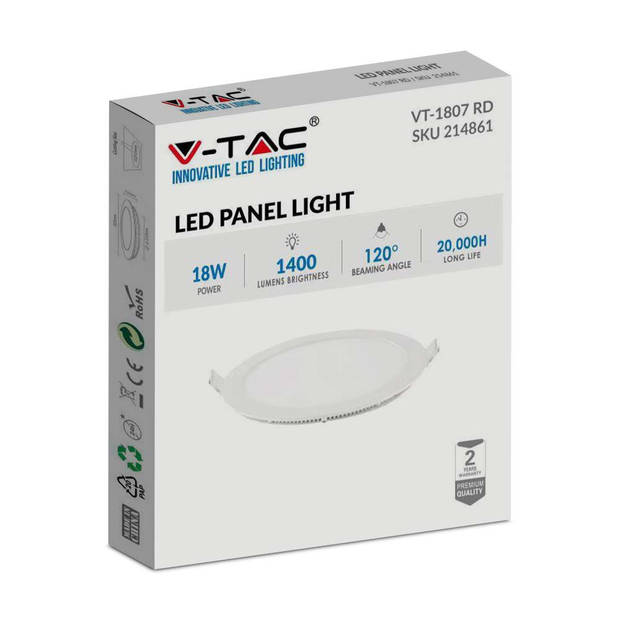 V-TAC VT-1807RD-N Ronde LED Mini-panelen - Premium Serie - IP20 - Wit - 18W - 1400 Lumen - 4000K