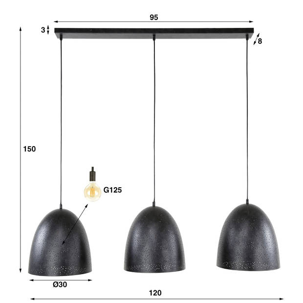 Giga Meubel - Hanglamp Zwart Hanglamp - 3-Lichts - 125x30x150cm