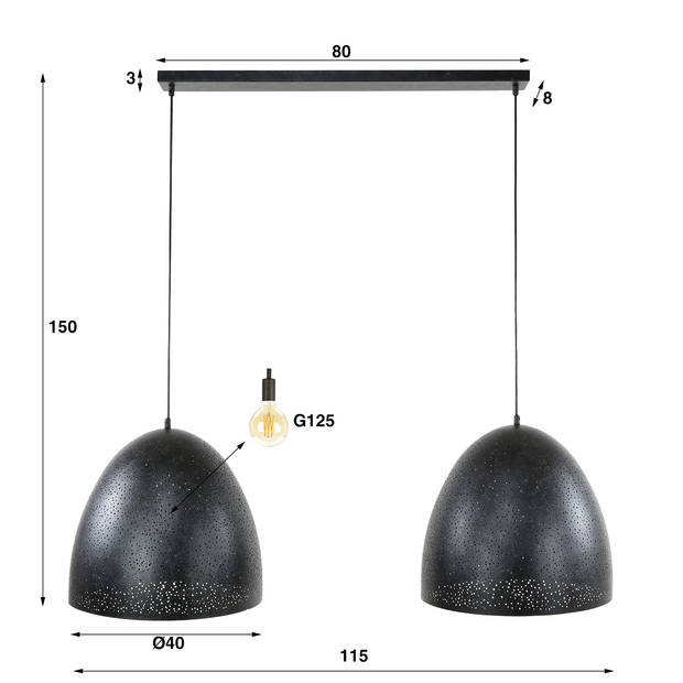 Giga Meubel - Hanglamp Zwart Hanglamp - 2-Lichts - 115x40x150cm