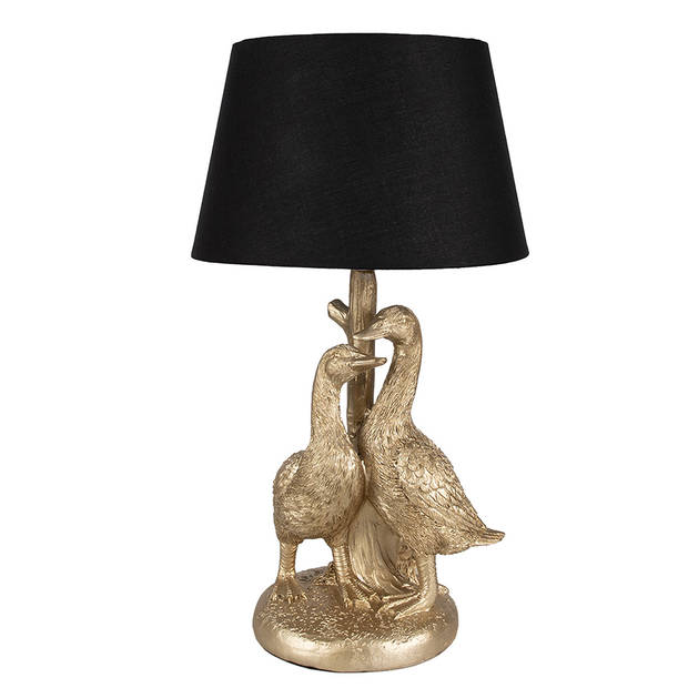 Clayre & Eef Tafellamp Eend Ø 20x37 cm Goudkleurig Zwart Polyresin Bureaulamp Goudkleurig Bureaulamp