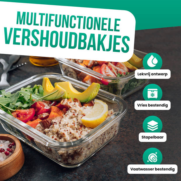 Avalo Vershoudbakjes Glas - Meal Prep Bakjes - Diepvriesbakjes - Met Deksel - 5 Delig 1060ml