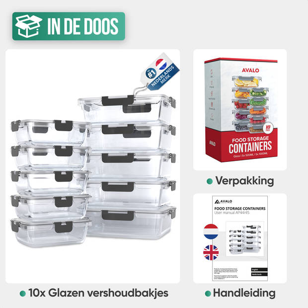 Avalo Vershoudbakjes Glas - Meal Prep Bakjes - Diepvriesbakjes - Met Deksel - 10 Delig 1060ml / 370ml