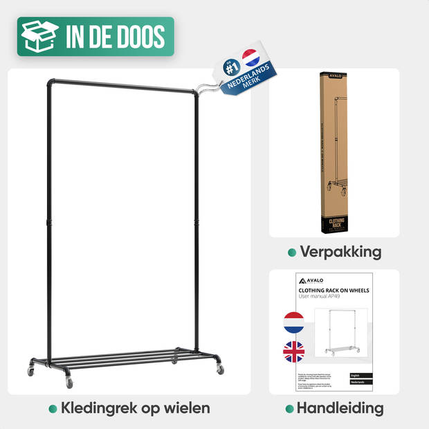 Avalo Industrieel Kledingrek op Wielen Zwart - Metaal - 100x49x166 - Opbergruimte Voor Schoenen