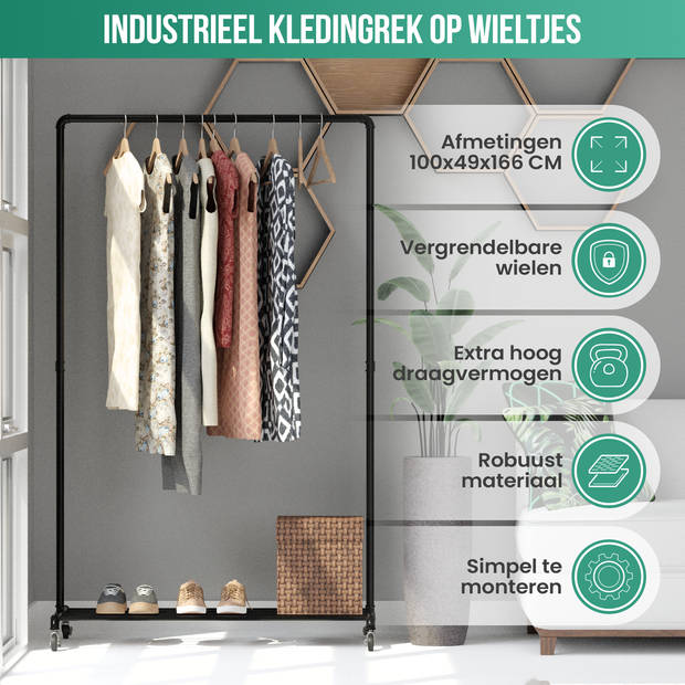 Avalo Industrieel Kledingrek op Wielen Zwart - Metaal - 100x49x166 - Opbergruimte Voor Schoenen