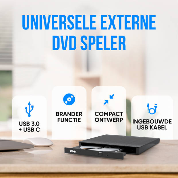 Strex Externe DVD Speler En Brander - Met Hoes - CD/DVD - Plug & Play - USB 3.0 DVD Speler - Geschikt voor Windows, Mac