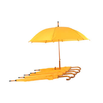 Zes Stevige Automatische Paraplu's in Gele Kleur - Met Houten Stok en Handvat - Gemaakt van Polyester en Aluminium -