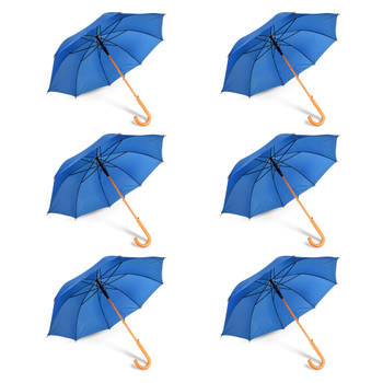 Zes Stevige Automatische Paraplu's - Navy Blauw - Houten Stok en Handvat - Polyester en Aluminium - Afmetingen: 89x98cm