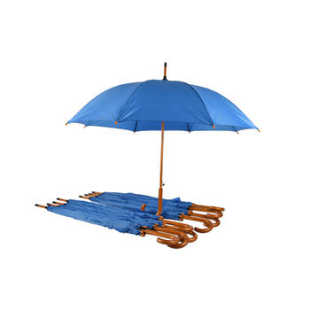 9x Stevige Automatische Paraplu - Navy Blauw - Houten Stok en Handvat - Polyester en Aluminium Materiaal – 89x98cm