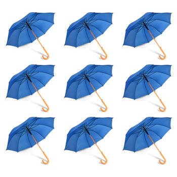 Series of 9 Reliable Automatic Umbrellas - Navy Blue - Wooden Pole and Handle - Polyester and Aluminum - Dimensions: