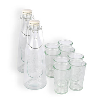 Stijlvolle Glazen Karaf en Drinkglas Set: 2 Karaf 1 liter en 8 Glazen van 250ML