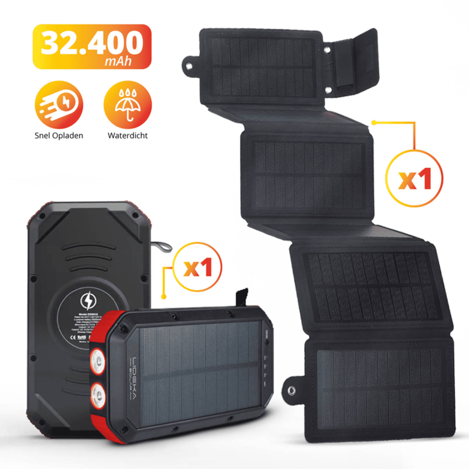Lideka Solar Powerbank + Solar Charger 4x USB USB C Snel & Draadloos Opladen? 30.000 mAh