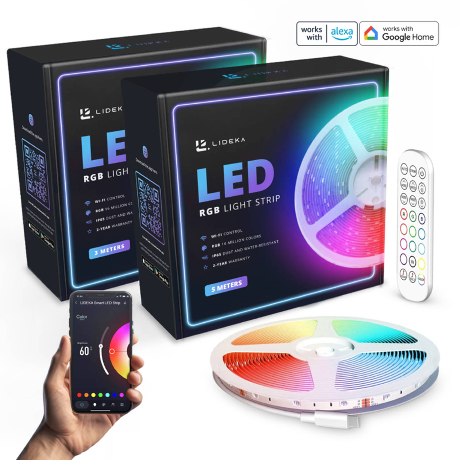 Lideka Slimme LED Strip 3 + 5 M RGB Verlichting Zelfklevend Kleurverandering IP65