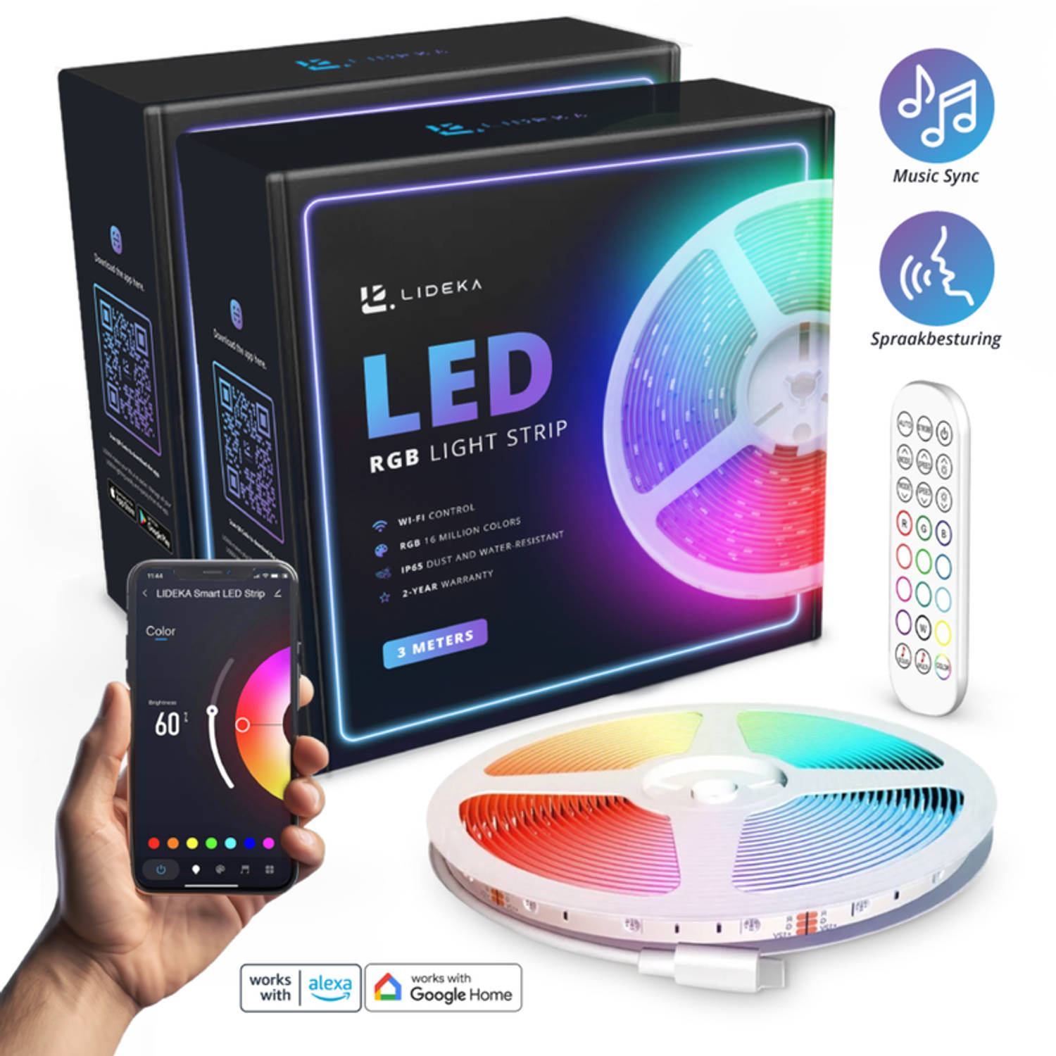 Lideka Slimme LED Strip 2x3 Meter Pakket RGB Verlichting Zelfklevend Kleurverandering IP65
