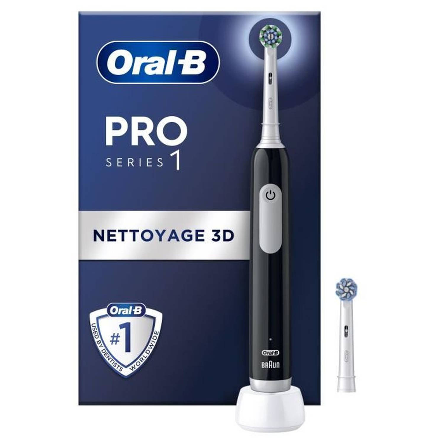 Oral-B Pro Series 1 zwarte elektrische tandenborstel, 2 opzetborstels, ontworpen door Braun