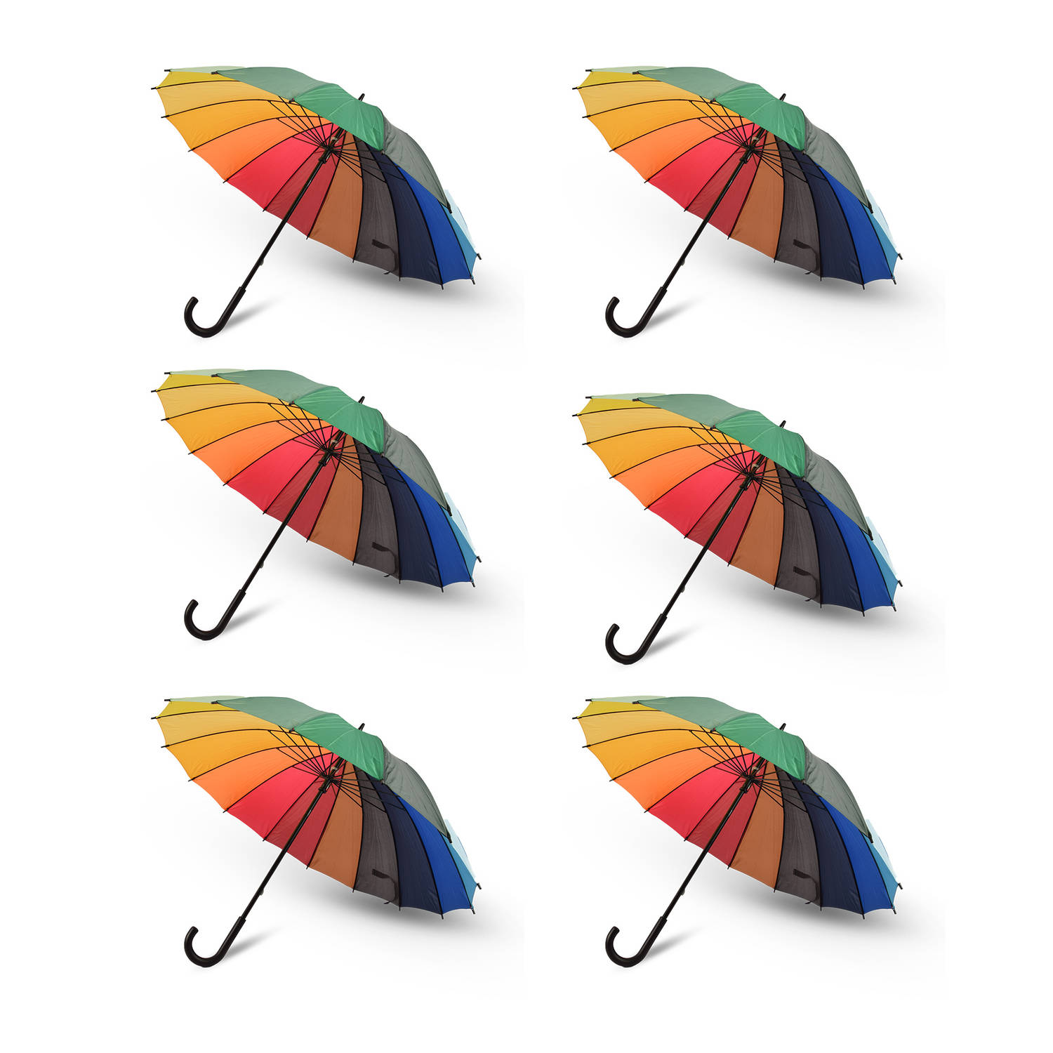 Set van 6 Windproof Regenboog Paraplu voor Volwassenen | Krom Haak Handvat | 98cm Diameter | LGBTQ Paraplu - Multi Collors - Sterke & Stevig