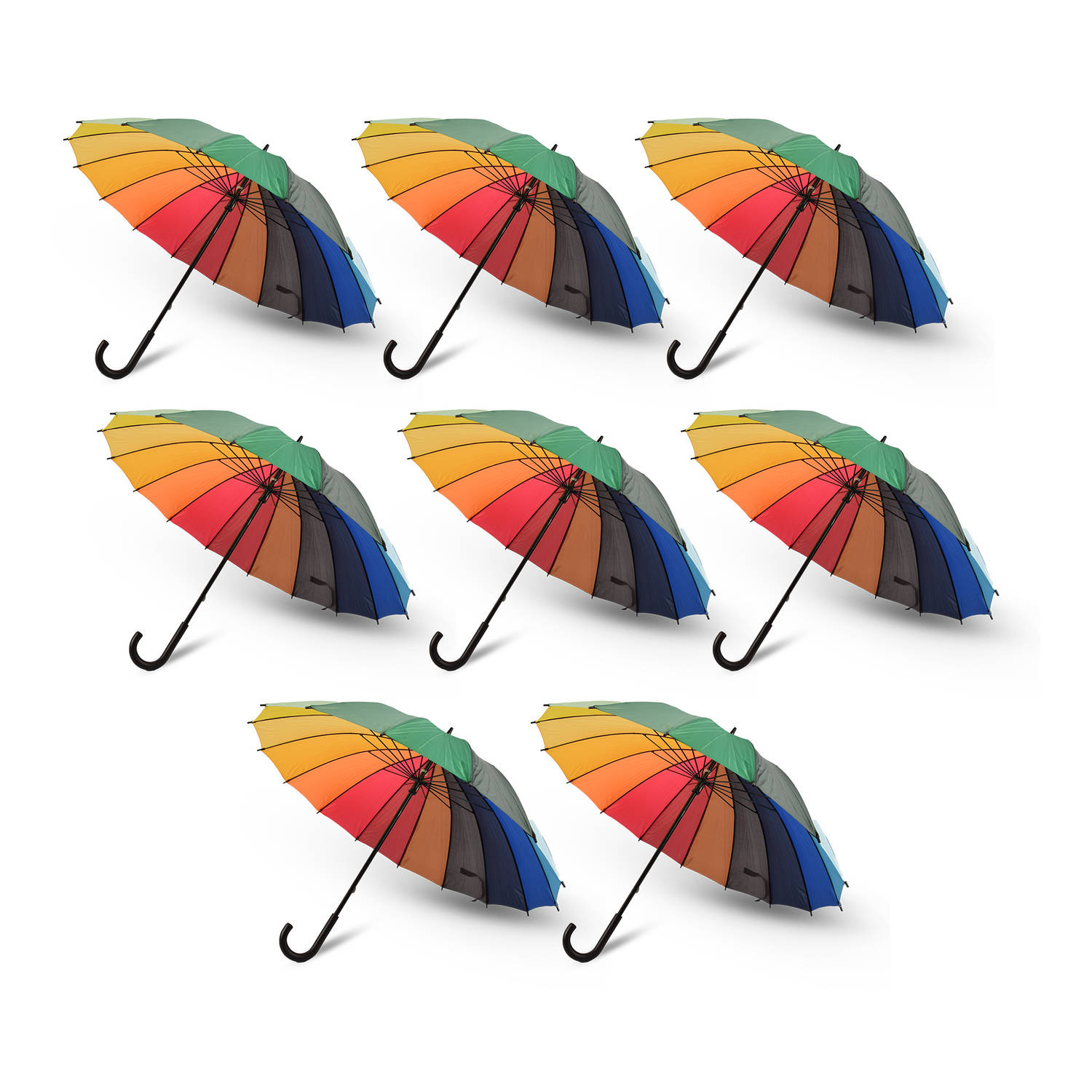 Voordelpak: Discountershop Regenboog Paraplu voor Volwassenen - Windproof met Haak Handvat - Multi Collors - Set van 8 LGBTQ Paraplu - 98cm Diameter
